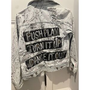 Thrashed Women's Denim Jacket Sz S Music Painted Splattered Custom Upcycled Ooak